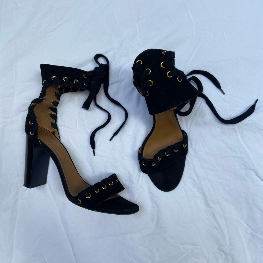 Chloe Black Suede Leather Whipstitch Strappy Heel Sandal Size 41.5 Made in Italy